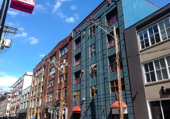 1230 Hamilton Street, Yaletown. New steel and concrete using existing exterior brick walls. 13 residential-live/work + 2 commercial.